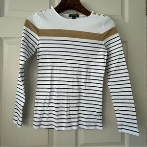 Ralph Lauren Small Long Sleeve White and Black Striped Shirt, gold buttons